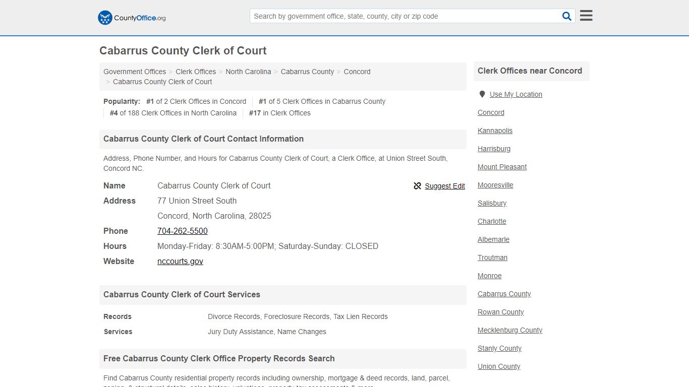 Cabarrus County Clerk of Court - Concord, NC (Address ...